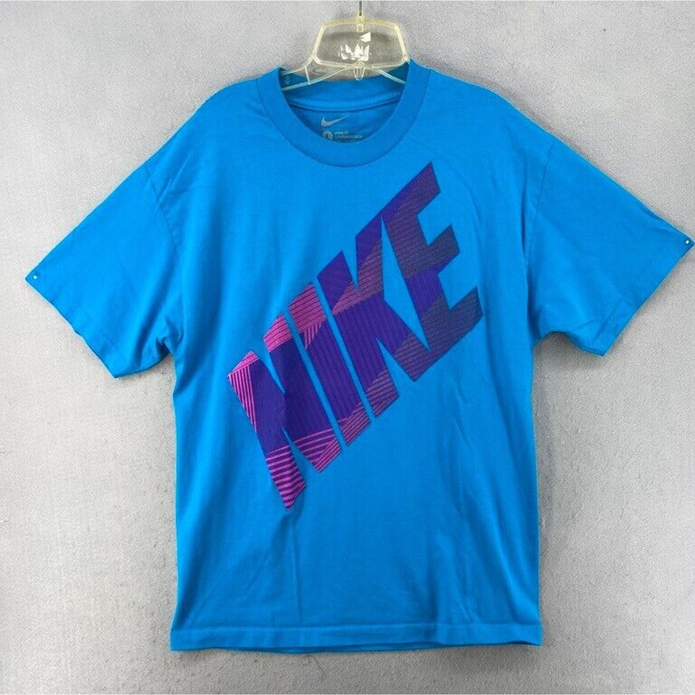 Nike T-Shirt Men L Blue‎ Purple Logo Tee Loose Fit Stretch Short Sleeve Crew